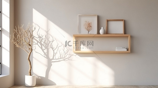 光滑的白色内饰由木架子树枝和相框 3D 渲染突出，阳光和阴影的作用