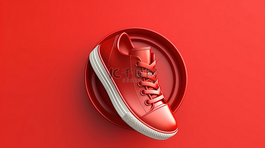 红色背景上带有服装主题的运动鞋按钮图标的 3D 渲染