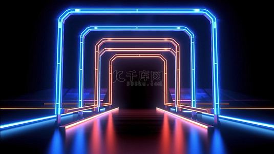 激光光背景图片_带技术讲台的霓虹灯激光光隧道的 3D 插图