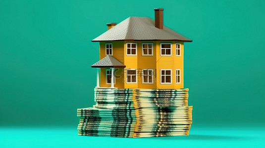 钱堆图标和房屋的 3D 渲染说明了购房的概念