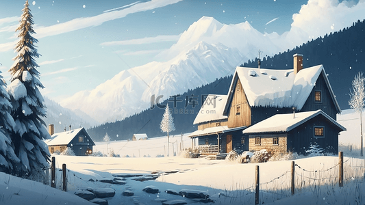冬天雪景房屋远山插画背景