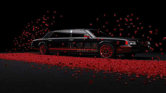 新年音乐派对背景图片_突出显示 3d 红地毯豪华轿车和五彩纸屑的黑色背景