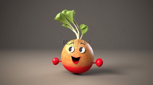 3D 渲染的卡通插图，一个友好的萝卜，有一张脸