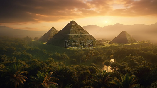 雨林金字塔上的日落 3D 古代奇迹的插图