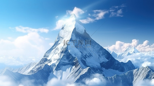 沐浴在阳光和软云映衬下的雪山山峰的 3D 插图
