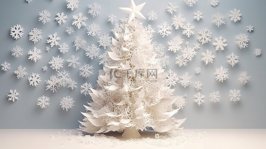圣诞树雪花的背景图片_用纸雪花制作的 3D 插图圣诞树