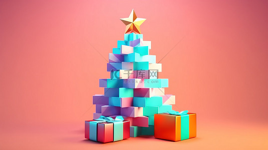 3d 低聚圣诞树，带礼品盒和渲染插图