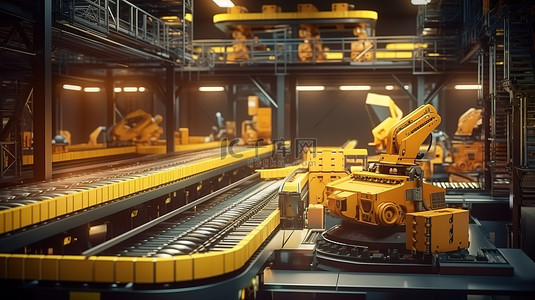 利用尖端机器人技术彻底改变制造业 3D 渲染工厂概念，包括机械臂仓库机器人和传送带