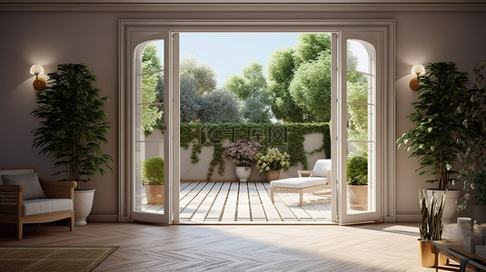 时尚现代的乡村别墅内部设有露台和花园通道 3D 渲染