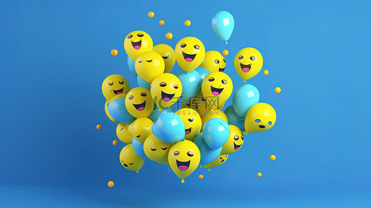 3D 渲染的 facebook 反应表情符号气球象征着蓝色背景上的社交媒体