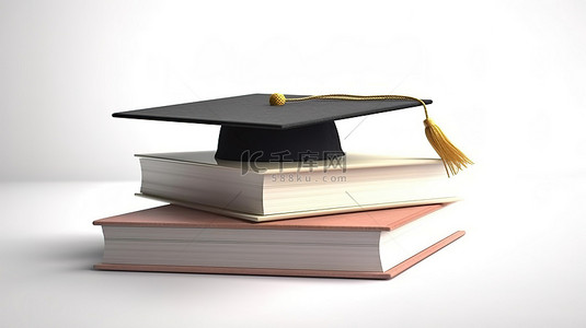 毕业横幅背景图片_白色背景，以3D书籍和毕业帽为特色，传达教育理念