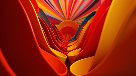 彩色抽象背景，红色和黄色的条纹漏斗 3D 插图