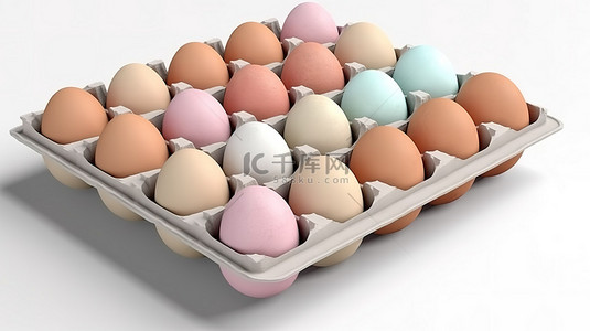 多彩健康背景图片_白色背景 3d 渲染上新鲜多彩鸡蛋的纸箱包装容器