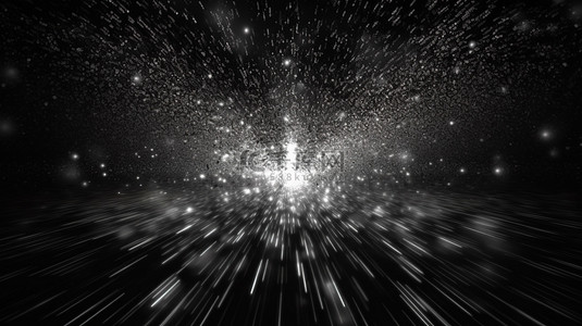 动态抽象背景，具有黑白粒子和 3D 渲染的闪烁光束