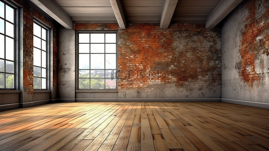 空置房间的复古氛围 3D 渲染，墙壁破损，硬木地板和横梁天花板