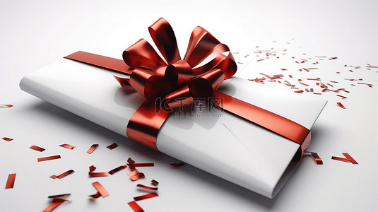 礼品纸袋背景图片_白色背景的 3D 渲染，红丝带和蝴蝶结落入纸袋，并附有礼券