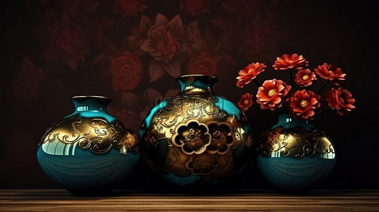 用于墙壁的数字艺术 深棕色背景上带红色花朵的绿松石和金色花瓶的 3d 渲染