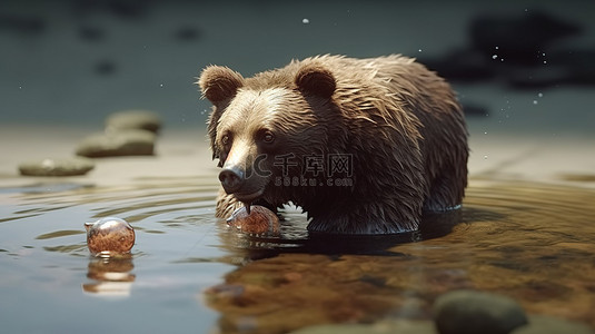 一瞥水中雄伟的棕熊 3D 渲染图像