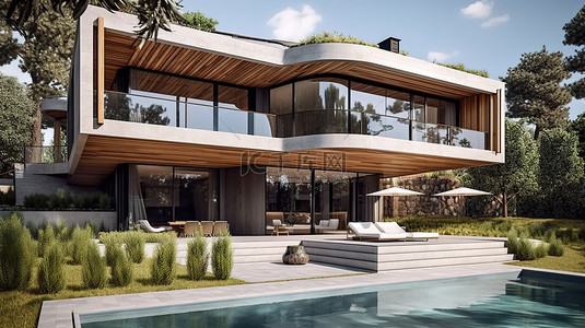 令人惊叹的现代别墅，采用木材和混凝土元素，拥有精致的海滨花园和游泳池 3D 渲染