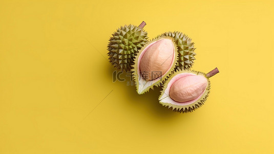 有创意的背景背景图片_粉红色背景上榴莲果的顶视图，创新水果创意的 3D 呈现