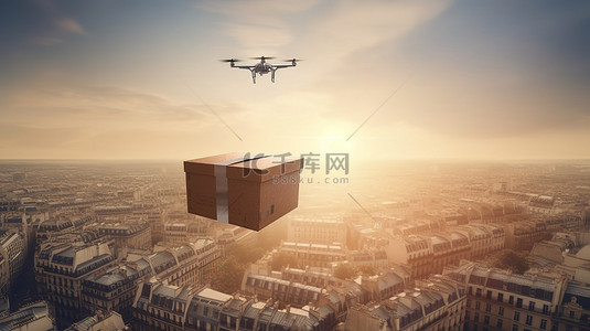 携带商业无人机的盒子在 3D 渲染中滑过巴黎