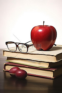 上面放着一本书，上面有红苹果和眼镜