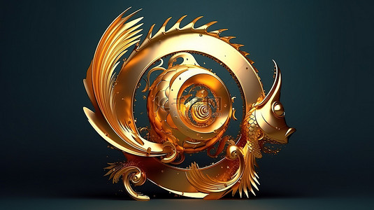 双鱼座占星术的 3D 插图，金色色调，有充足的空白空间