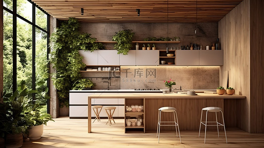 家居清背景图片_带木质立面的生态风格厨房的 3D 渲染