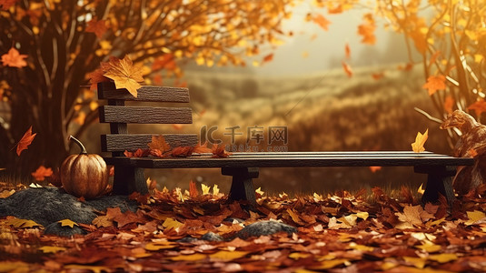 长凳卡通背景图片_落叶和雨靴是宁静的秋季景观，配有长凳和 3D 插图复制空间