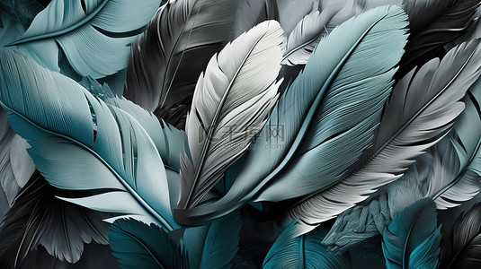 灰色羽毛背景图片_用于墙壁装饰的蓝色绿松石色和灰色叶子和羽毛的 3D 艺术品