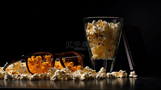 黑色玉米背景图片_电影之夜必需品 3D 爆米花和眼镜，位于时尚的黑色电影院背景上，带有文本空间