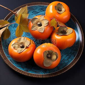 食物叶子背景图片_叶子上盘子里的柿子