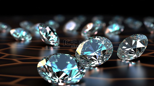 在具有软焦点的 3D 渲染中，位于光滑背景上的圆形钻石簇