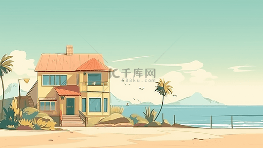 夏天度假沙滩背景图片_卡通房子动画插画