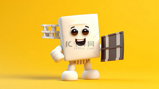 视频背景图片_3D 渲染的黄色背景，配有现代白色洗衣机吉祥物，拿着电影拍板