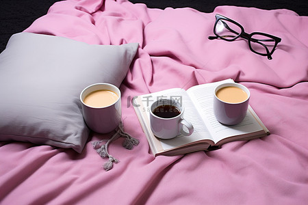 两杯咖啡和一本放在枕头上的书和一条毯子