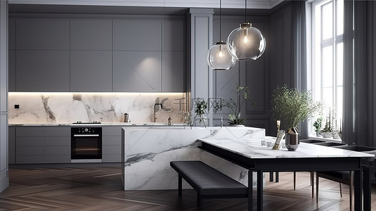 现代厨房设计 3D 渲染白色大理石桌子灰色墙壁和木地板