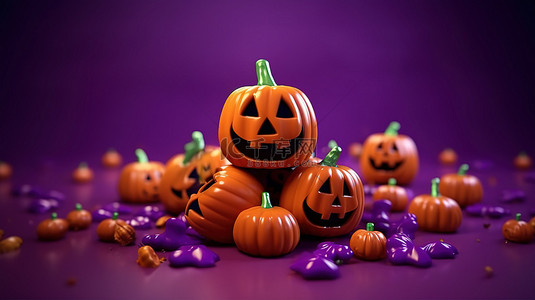 在活动背景图片_幽灵般的十月庆祝活动充满活力的杰克灯笼五颜六色的糖果和幽灵在紫色背景 3D 渲染