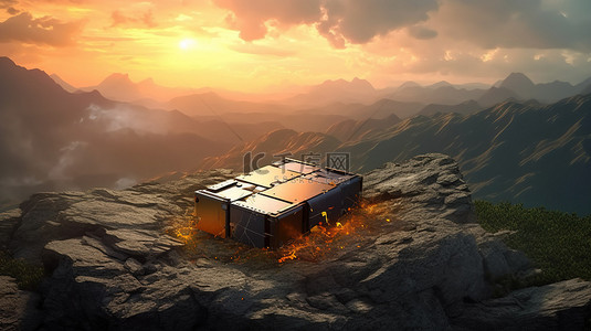 建设器材背景图片_太阳亲吻山电池套件 3D 渲染