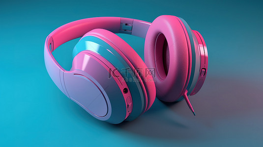 在蓝色背景上呈现的 3d 粉红色耳机