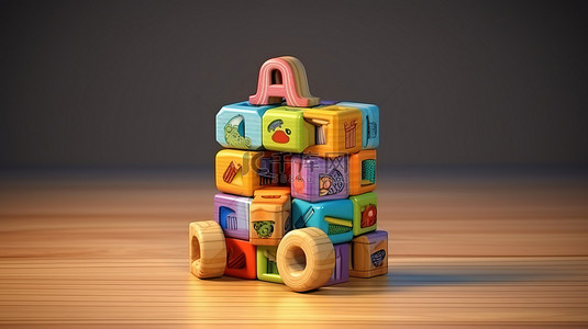 3D 渲染木制字母块玩具，带 & 符号，供儿童使用