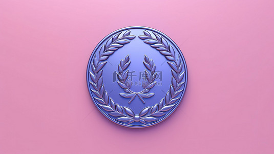 月桂花环装饰蓝色奖章双色调风格设置在粉红色背景 3d 渲染