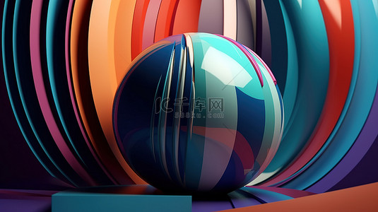 大条纹球体，具有充满活力的形状抽象艺术品以 3D 渲染