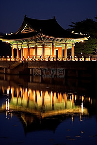 韩国旅游景点背景图片_使用数字图像拍摄的夜间韩国寺庙