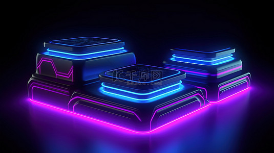 产品展示 3d 渲染的科幻讲台被蓝色和紫色的霓虹灯照亮
