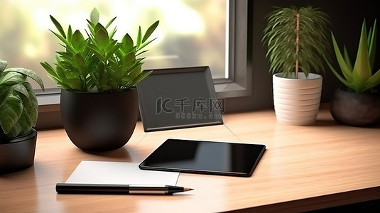 标识牌背景图片_办公桌上带有空白列表的黑色平板电脑的 3D 渲染，配有键盘和绿色花瓶