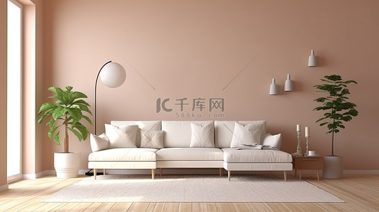 米色沙发背景图片_当代家居装饰客厅的 3D 渲染，配有白色沙发米色墙壁和木地板