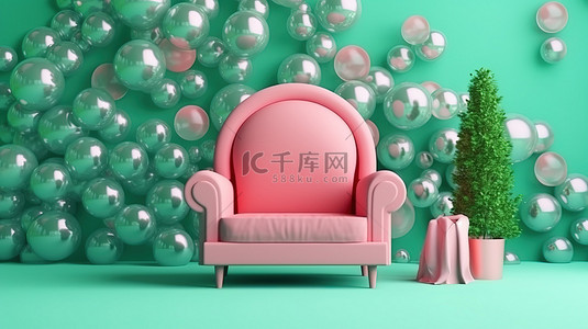粉色室内设计背景图片_粉色扶手椅和拱形绿色墙壁，别致的内饰，带有 3D 肥皂泡
