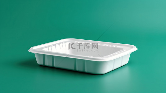 背景鸡背景图片_绿色背景，带有 3D 渲染的空白色塑料食品容器托盘，用于定制标签设计