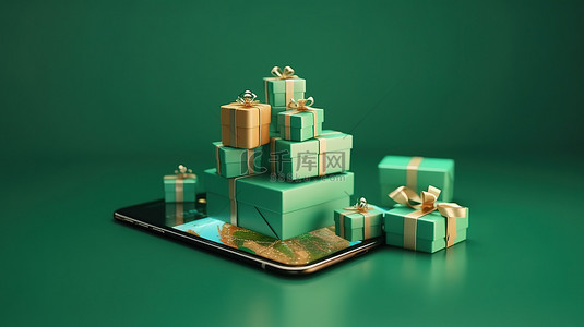 智能手机上的 3D 渲染礼品盒和位置服务图标是完美的在线购物概念